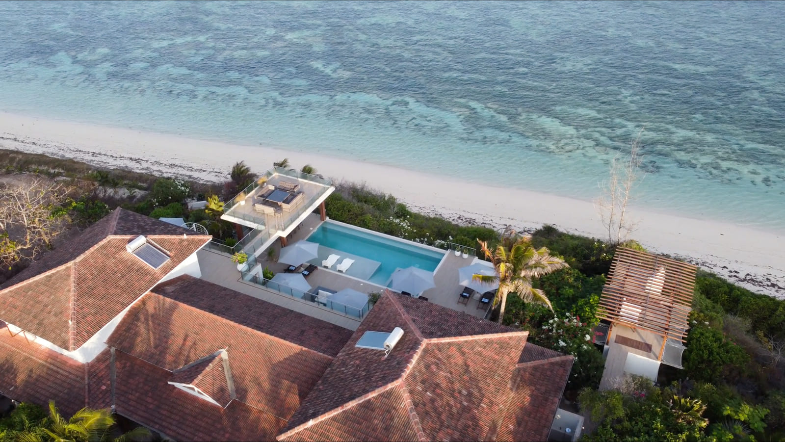 Aerial view of TribalSand beachfront villa and pool on the Kenyan coast