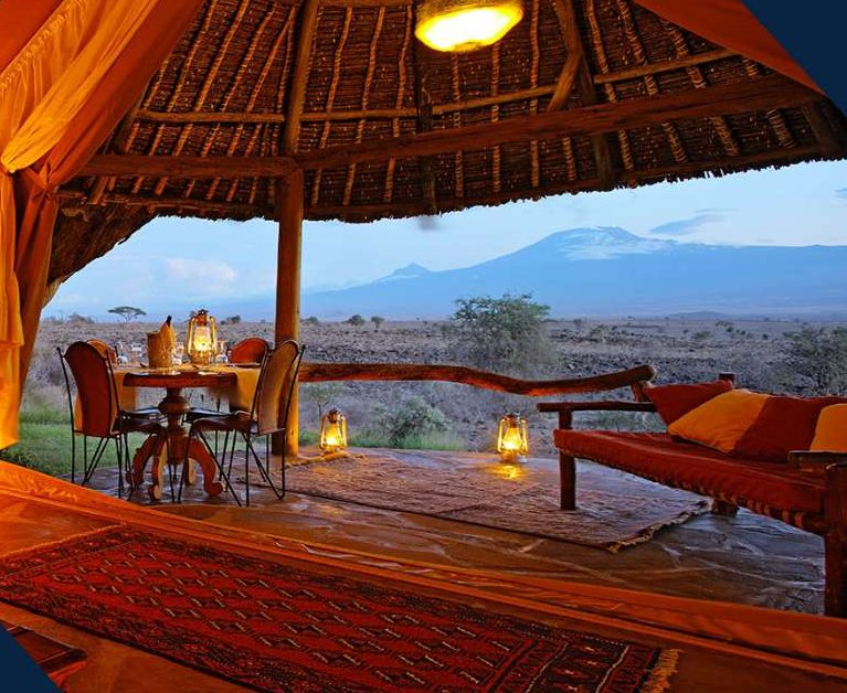 A tented camp looking out to Mount Kilimanjaro in Amboseli