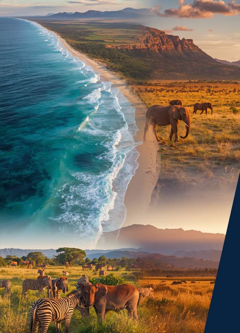 Kenya's coastline meeting the savanna with elephants at sunset