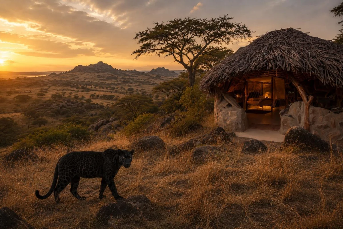 A black leopard at dusk in the Laikipia wilderness